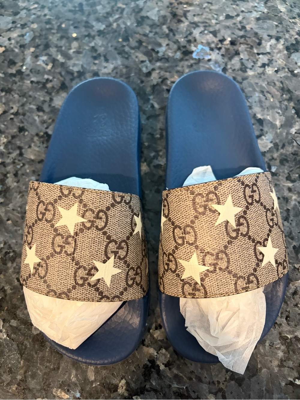 Gucci Beige Monogram Star Strap Blue Kids Slide Sandals